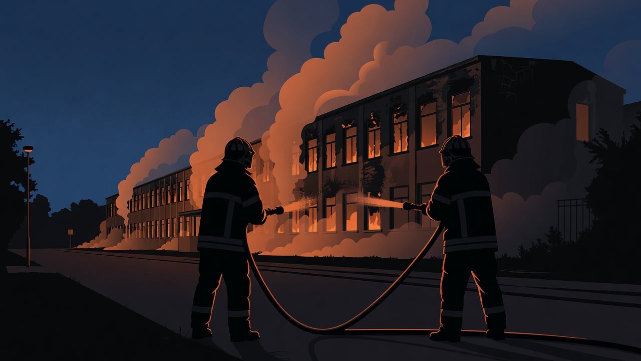 Illustration : des pompiers éteignent une école incendiée